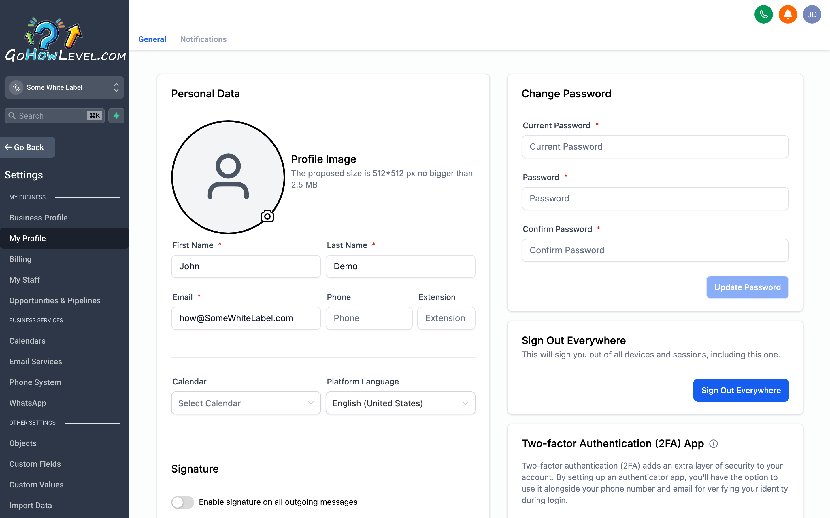 The My Profile page with fields for name, email, password, notification preferences, and email signature