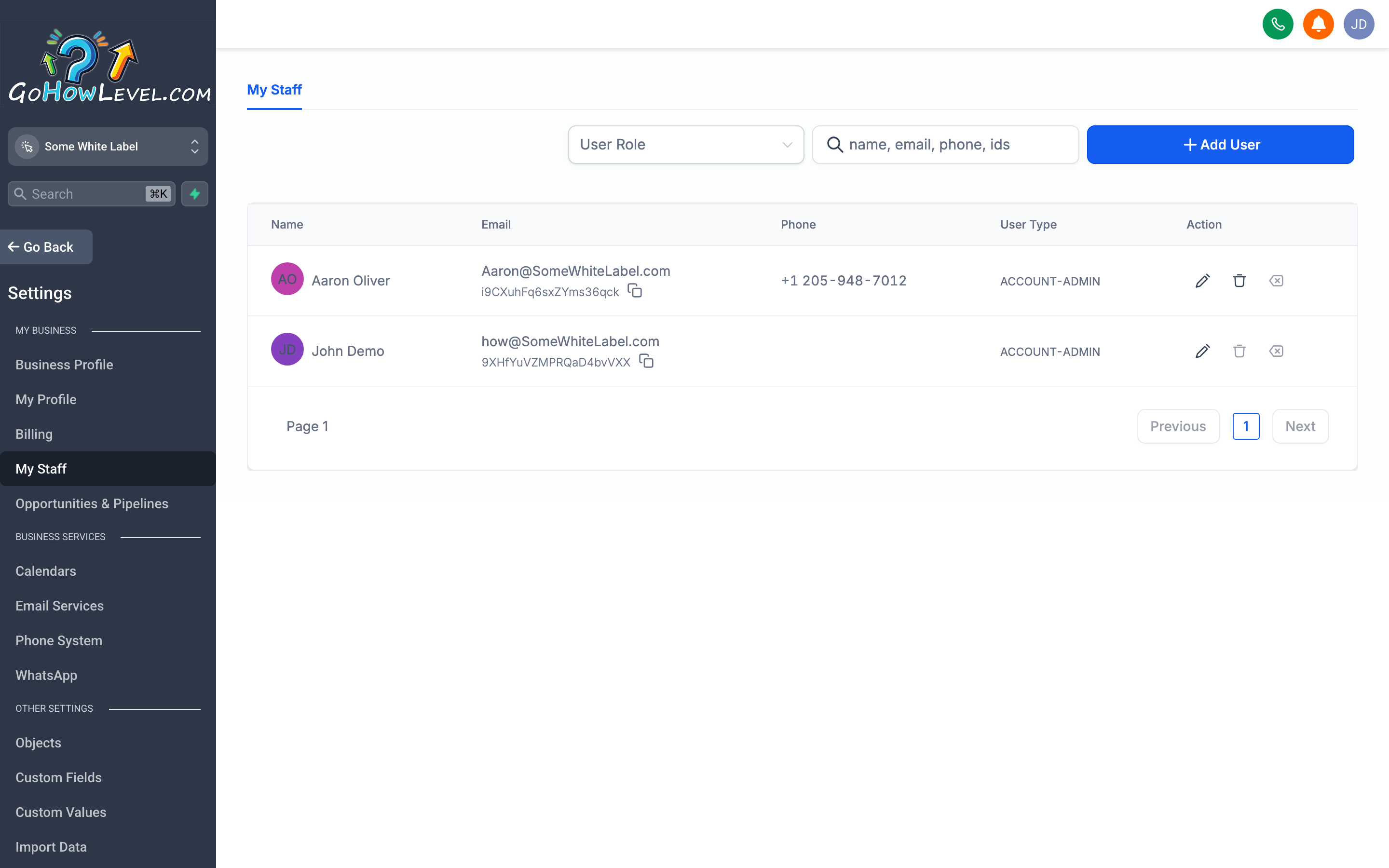 The My Staff page showing a list of team members with their names, email addresses, roles, and an Add Employee button