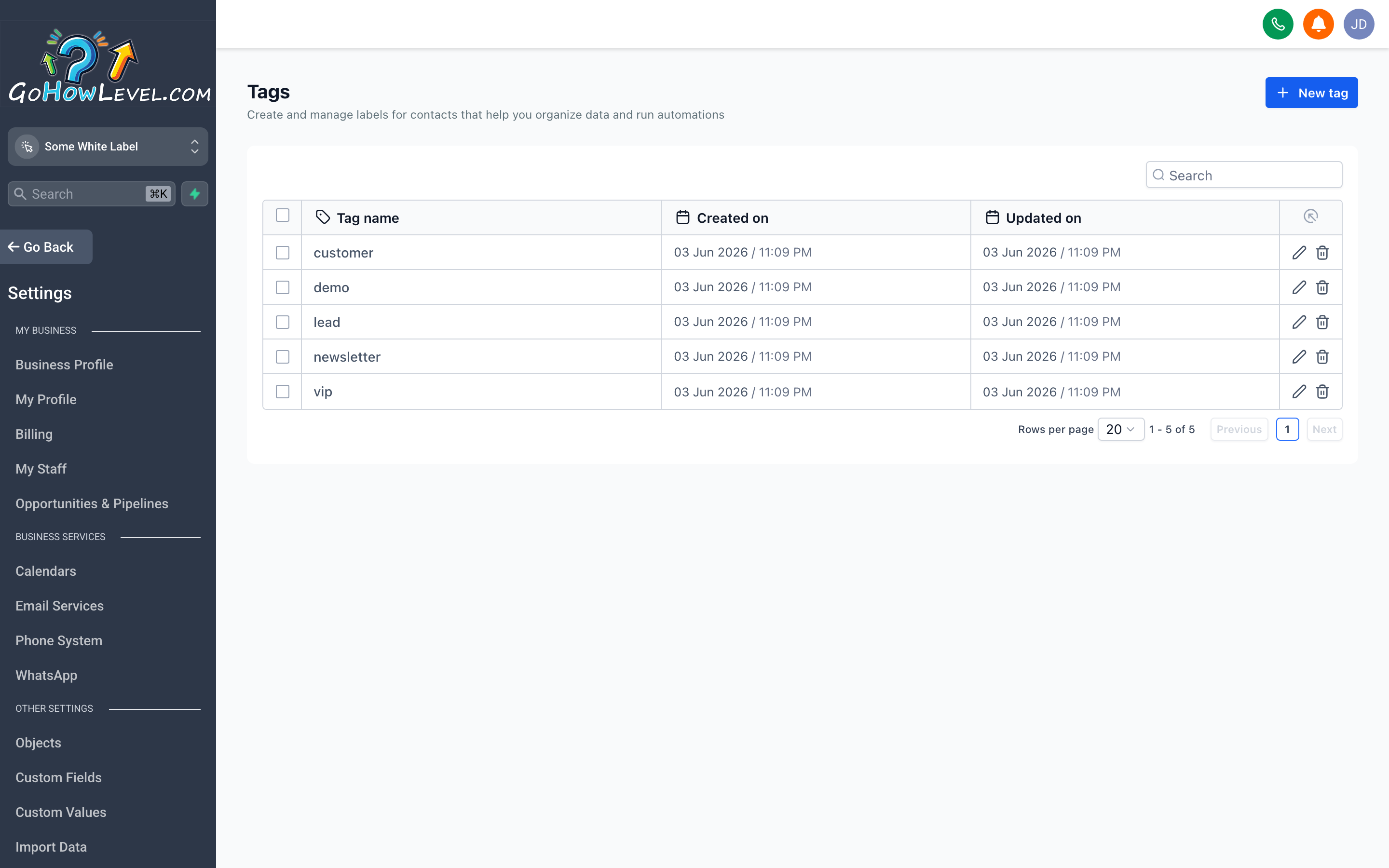 The Tags settings page showing a searchable list of tags used across the account with contact counts