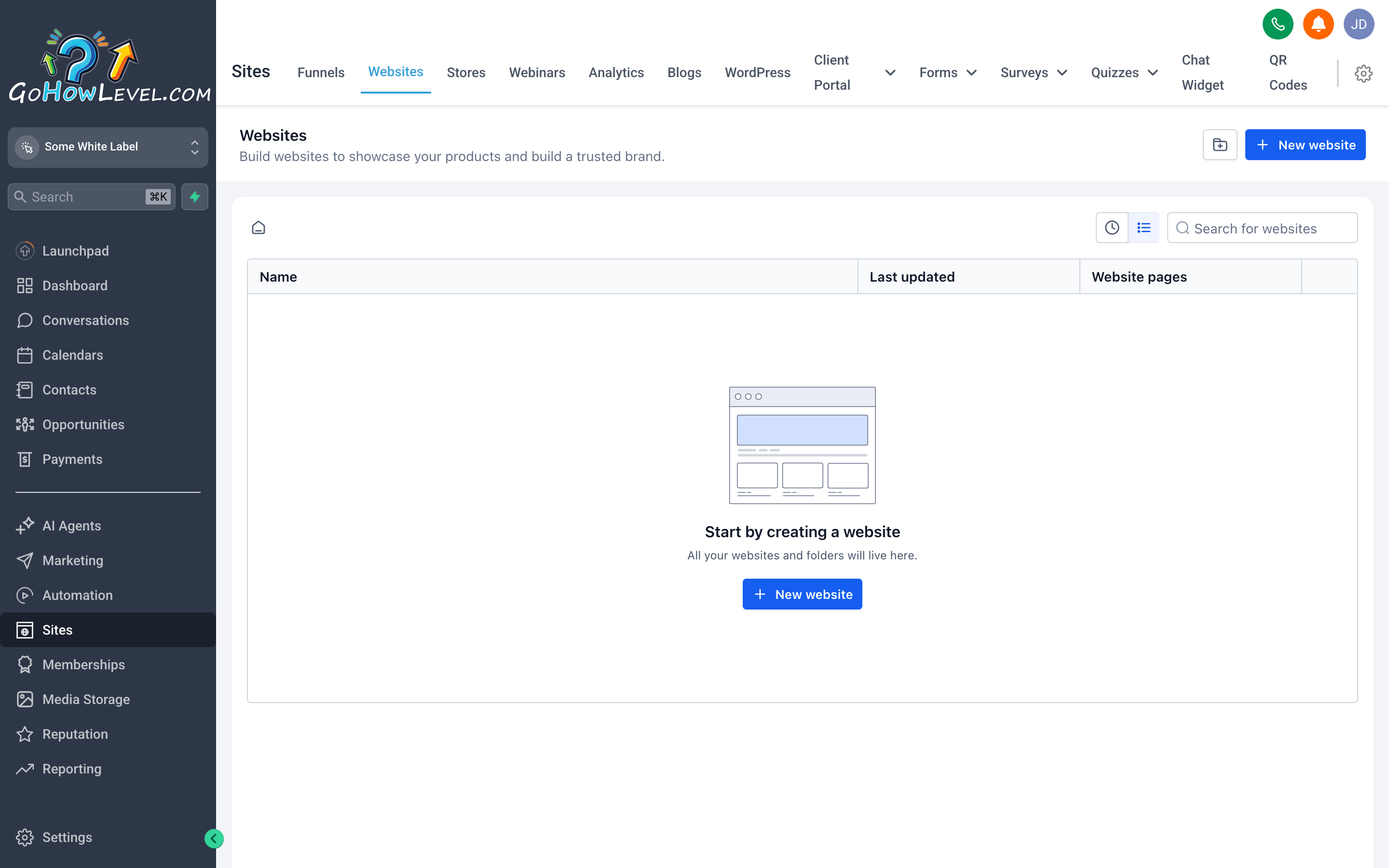 The Websites builder showing a multi-page website with navigation, hero section, and page management sidebar
